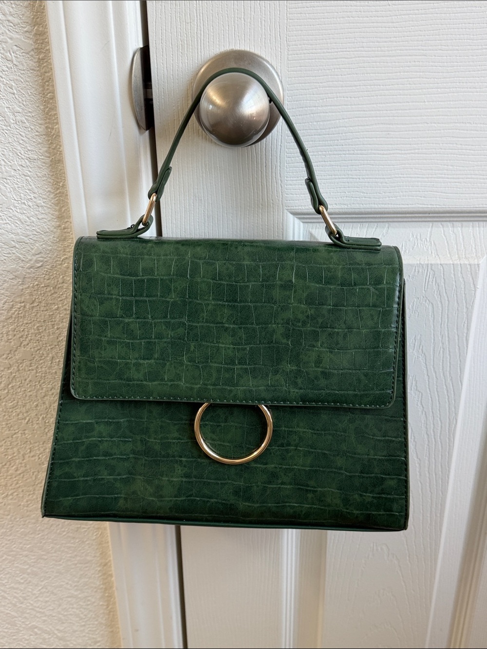 Green Croc-Embossed Top-Handle Bag with Gold Ring